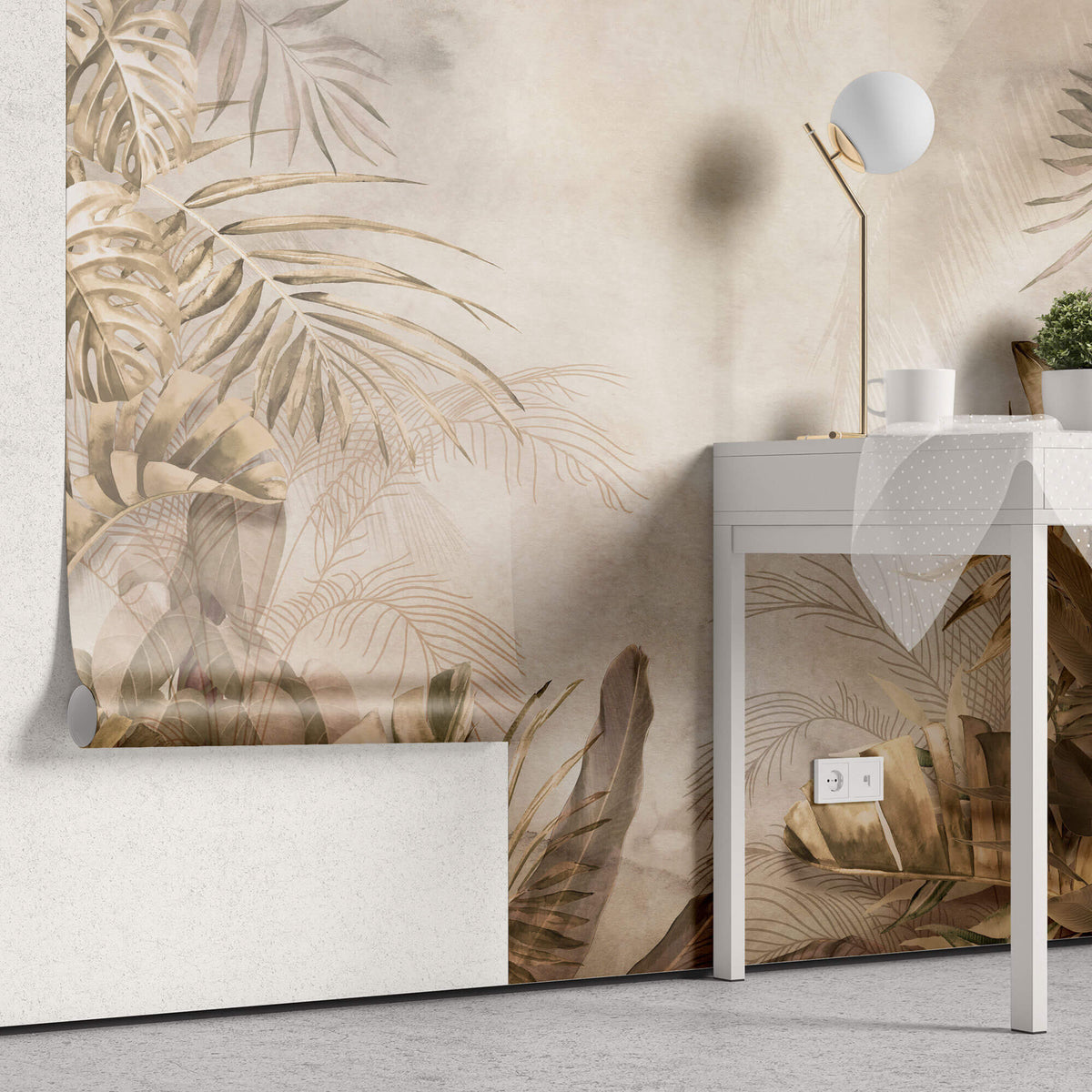 Tapet Personalizat Leaf cu frunze tropicale in nuante calde maronii - DUSTY WARM TROPICAL