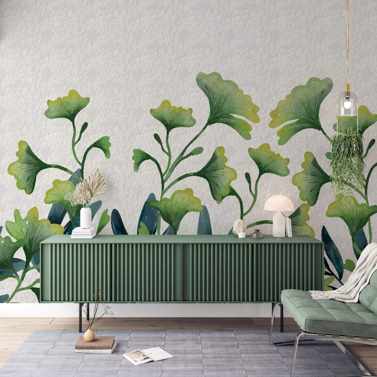 Tapet Personalizat Leaf cu frunze mici verzi de ginkgo cu fundal texturat - LITTLE GINKGO