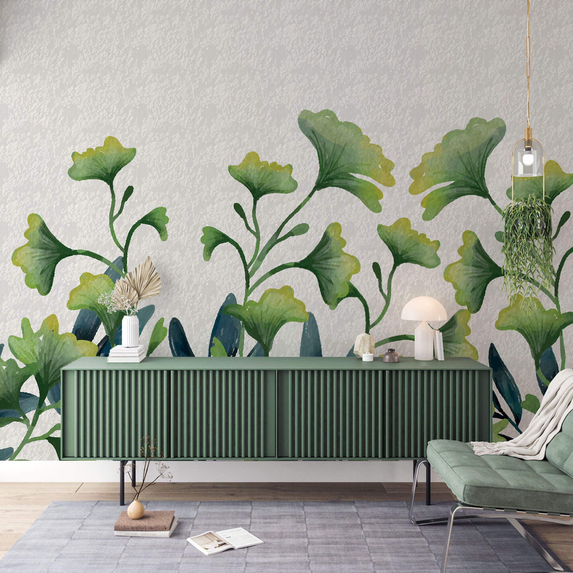 Tapet Personalizat Leaf cu frunze mici verzi de ginkgo cu fundal texturat - LITTLE GINKGO