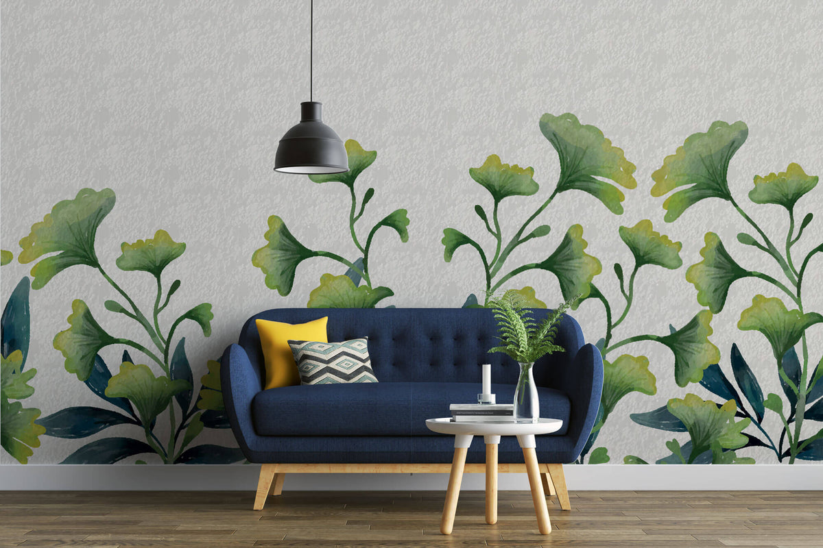 Tapet Personalizat Leaf cu frunze mici verzi de ginkgo cu fundal texturat - LITTLE GINKGO