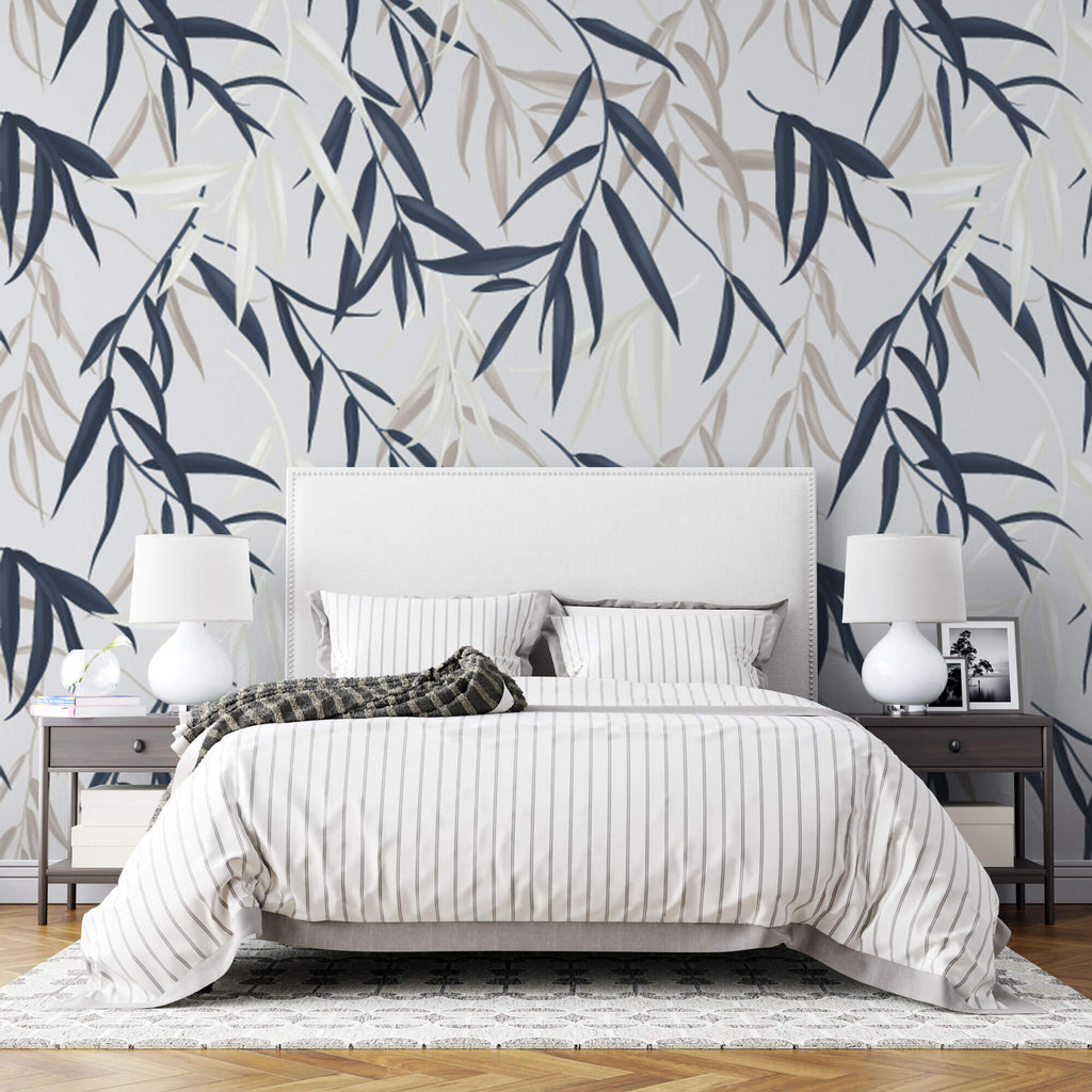 Tapet Personalizat Leaf cu frunze de bambus albe si albastre - BLUEISH BEIGE BAMBOO