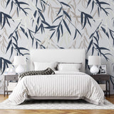 Tapet Personalizat Leaf cu frunze de bambus albe si albastre - BLUEISH BEIGE BAMBOO