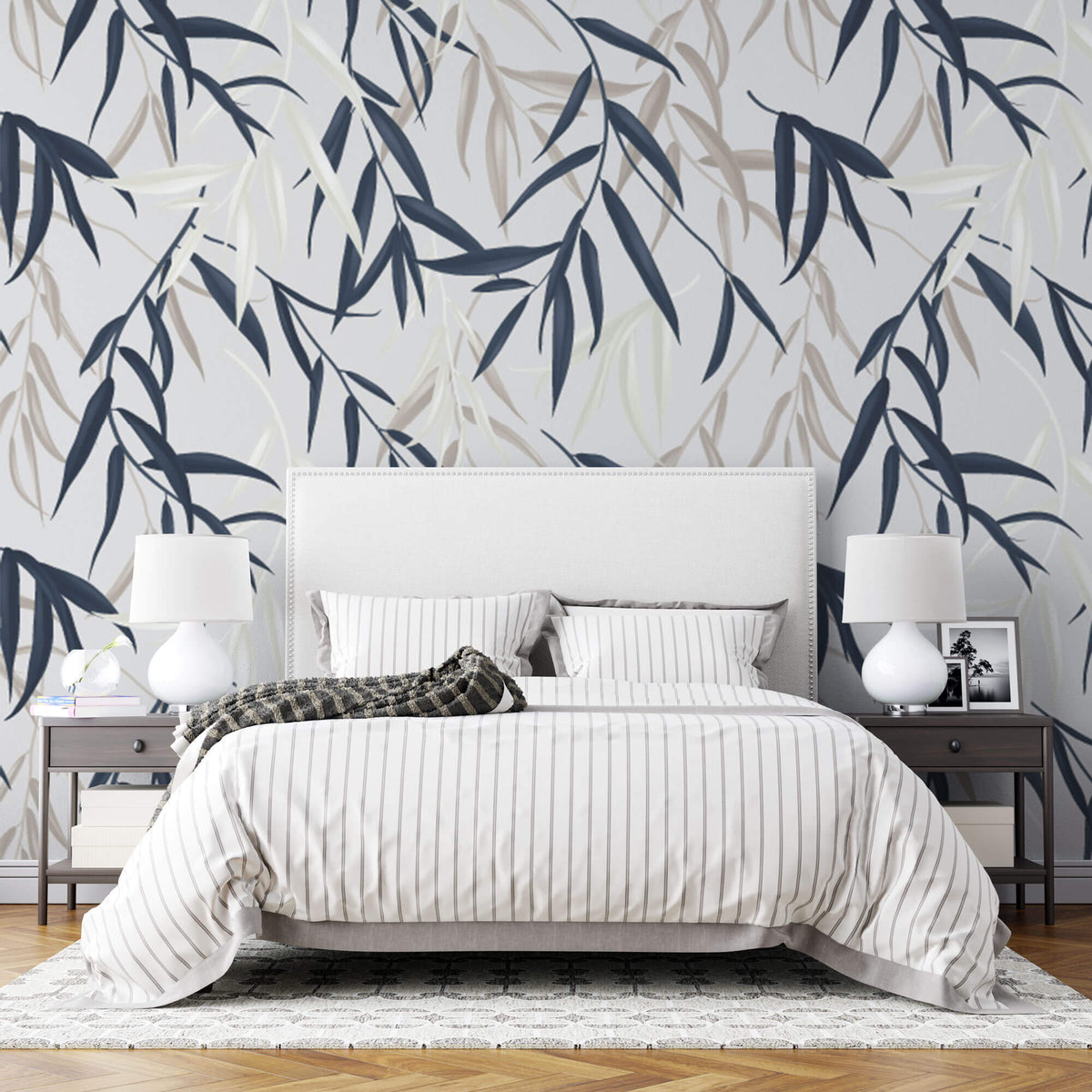 Tapet Personalizat Leaf cu frunze de bambus albe si albastre - BLUEISH BEIGE BAMBOO