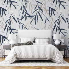 Tapet Personalizat Leaf cu frunze de bambus albe si albastre - BLUEISH BEIGE BAMBOO