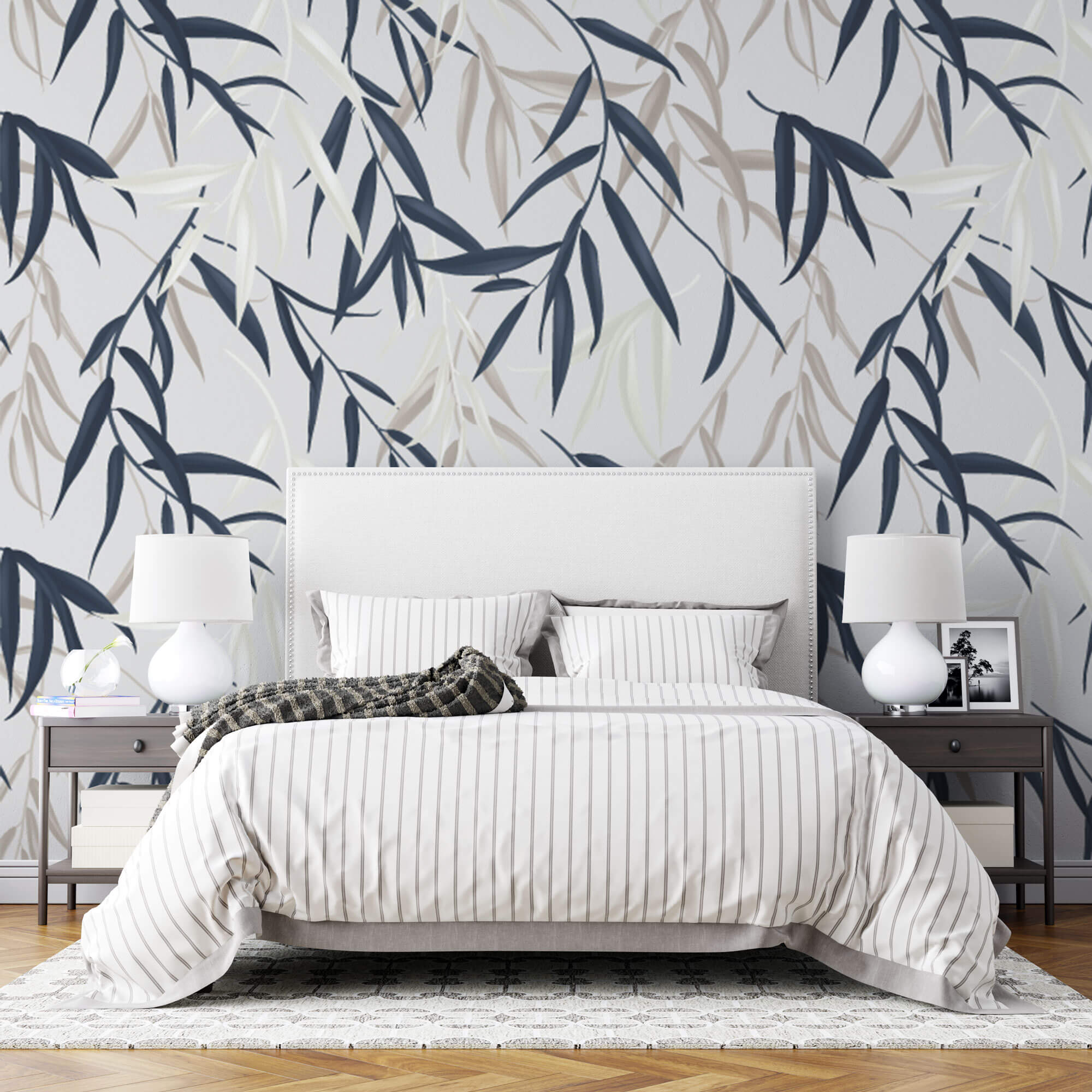Tapet Personalizat Leaf cu frunze de bambus albe si albastre - BLUEISH BEIGE BAMBOO