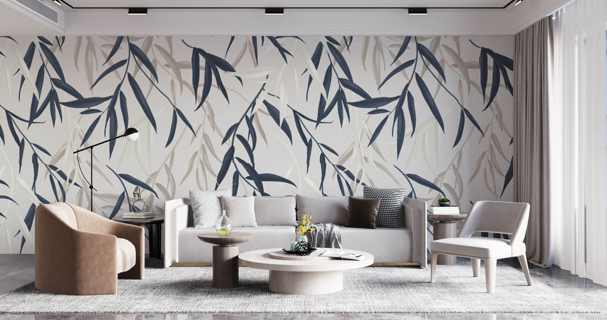 Tapet Personalizat Leaf cu frunze de bambus albe si albastre - BLUEISH BEIGE BAMBOO