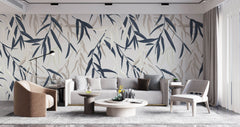 Tapet Personalizat Leaf cu frunze de bambus albe si albastre - BLUEISH BEIGE BAMBOO