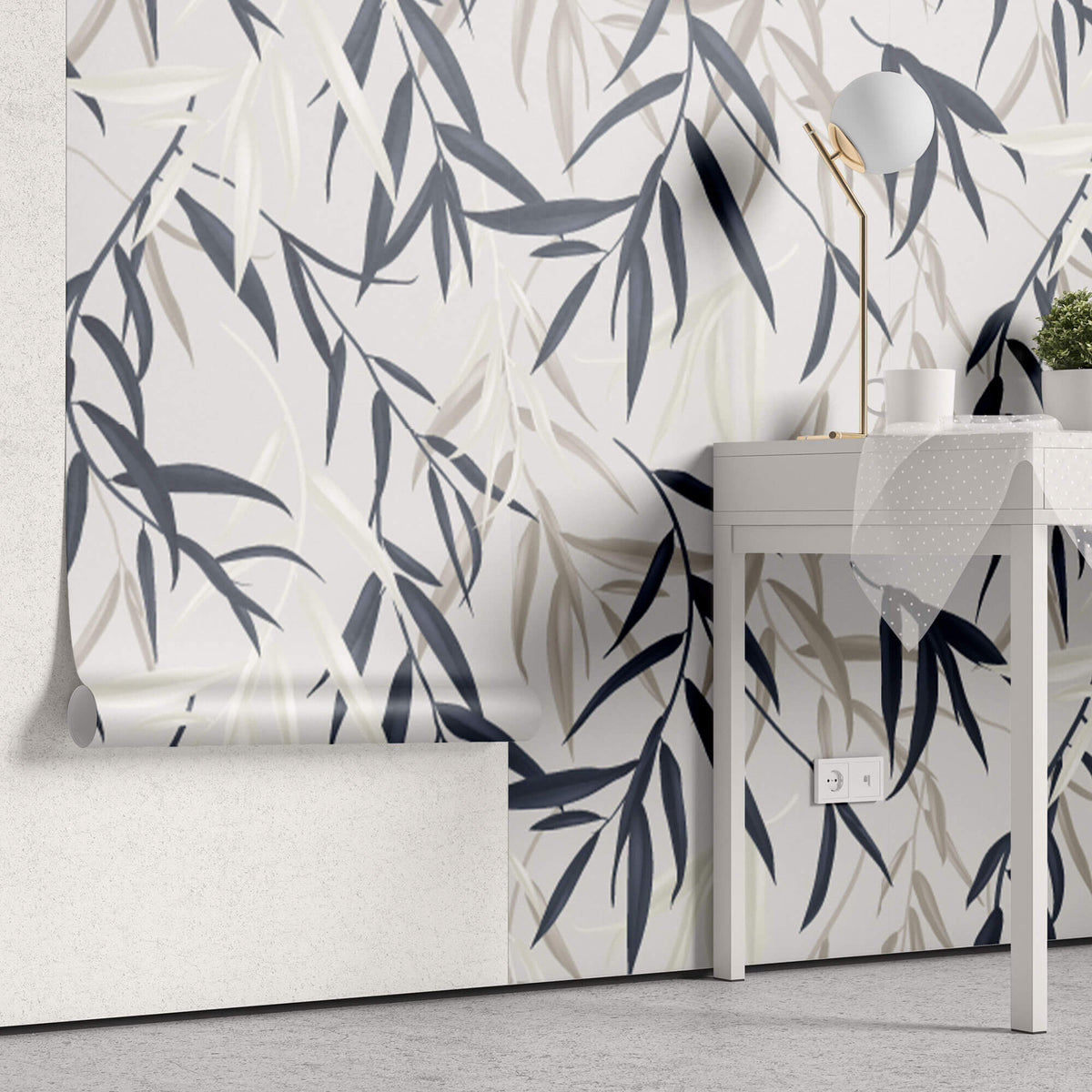 Tapet Personalizat Leaf cu frunze de bambus albe si albastre - BLUEISH BEIGE BAMBOO