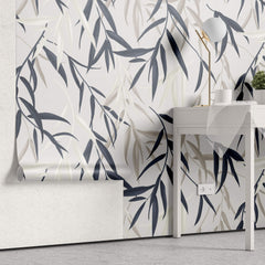 Tapet Personalizat Leaf cu frunze de bambus albe si albastre - BLUEISH BEIGE BAMBOO