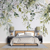 Tapet Personalizat Leaf cu elemente florale si frunze pictate pe fundal alb - FLORAL LEAF
