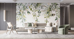 Tapet Personalizat Leaf cu elemente florale si frunze pictate pe fundal alb - FLORAL LEAF