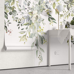 Tapet Personalizat Leaf cu elemente florale si frunze pictate pe fundal alb - FLORAL LEAF