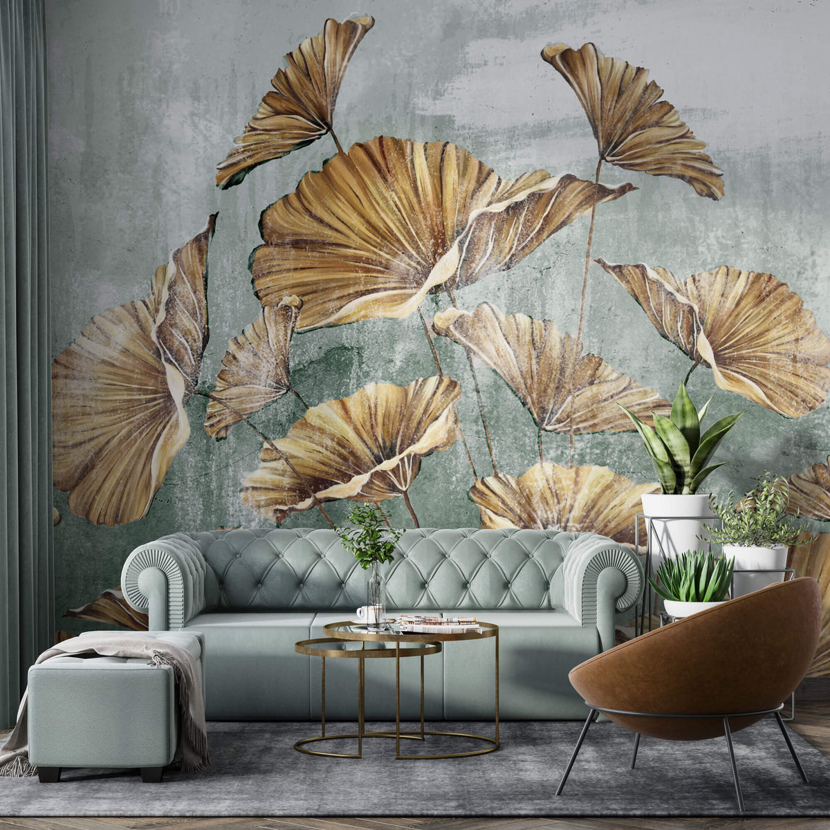 Tapet Personalizat Leaf cu frunze mari aramii pe fundal verde texturat - GOLDEN LEAVES GREEN