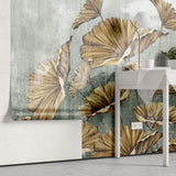 Tapet Personalizat Leaf cu frunze mari aramii pe fundal verde texturat - GOLDEN LEAVES GREEN