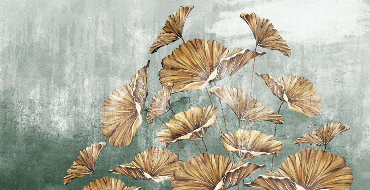 Tapet Personalizat Leaf cu frunze mari aramii pe fundal verde texturat - GOLDEN LEAVES GREEN