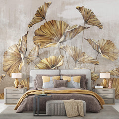 Tapet Personalizat Leaf cu frunze mari aramii pe fundal bej texturat - GOLDEN LEAVES BEIGE
