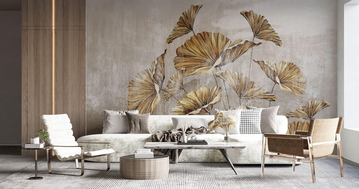 Tapet Personalizat Leaf cu frunze mari aramii pe fundal bej texturat - GOLDEN LEAVES BEIGE