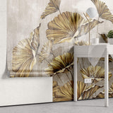 Tapet Personalizat Leaf cu frunze mari aramii pe fundal bej texturat - GOLDEN LEAVES BEIGE