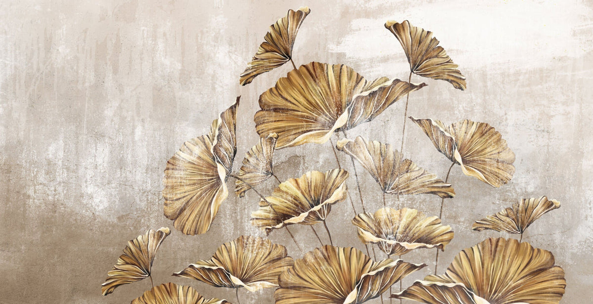Tapet Personalizat Leaf cu frunze mari aramii pe fundal bej texturat - GOLDEN LEAVES BEIGE