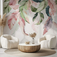 Tapet Personalizat Leaf cu frunze in stil watercolor in nuante de verde si roz - PINKY HANGING LEAVES