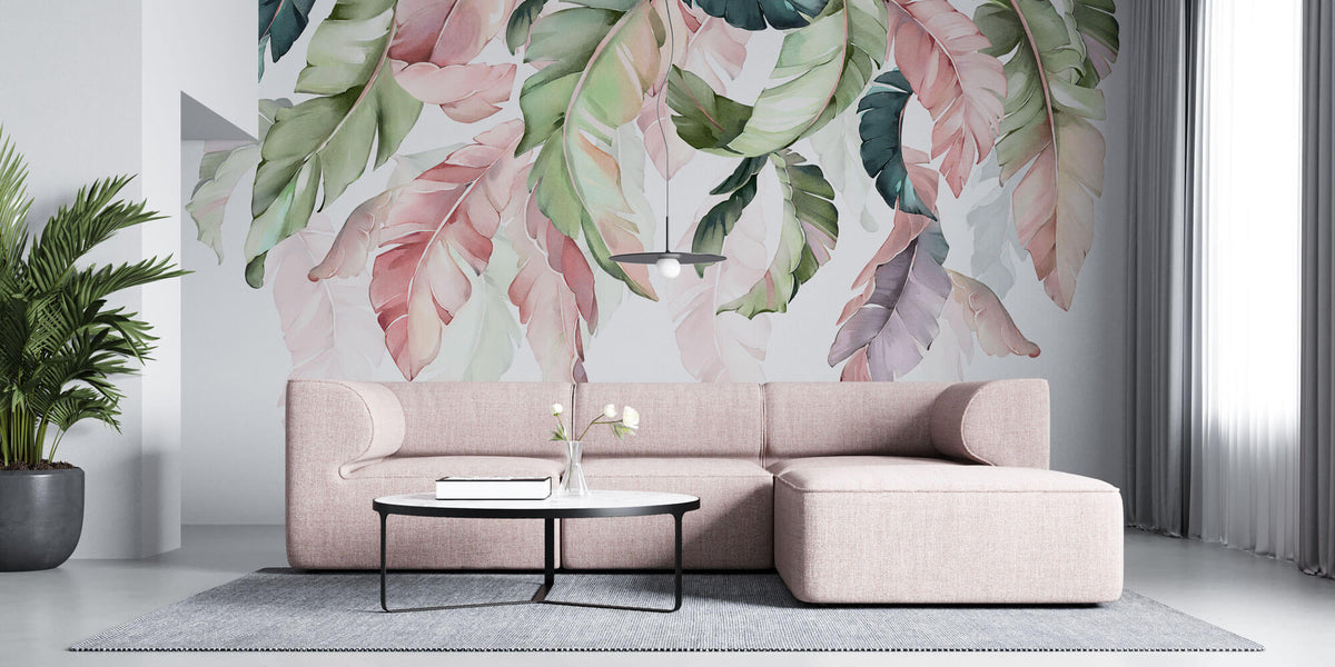 Tapet Personalizat Leaf cu frunze in stil watercolor in nuante de verde si roz - PINKY HANGING LEAVES