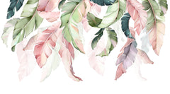 Tapet Personalizat Leaf cu frunze in stil watercolor in nuante de verde si roz - PINKY HANGING LEAVES