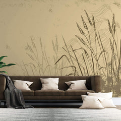 Tapet Personalizat Leaf cu frunze si plante de camp abstracte in nuante de bej si crem 1 - SKETCHY REEDS