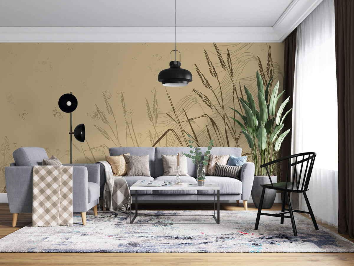 Tapet Personalizat Leaf cu frunze si plante de camp abstracte in nuante de bej si crem 1 - SKETCHY REEDS