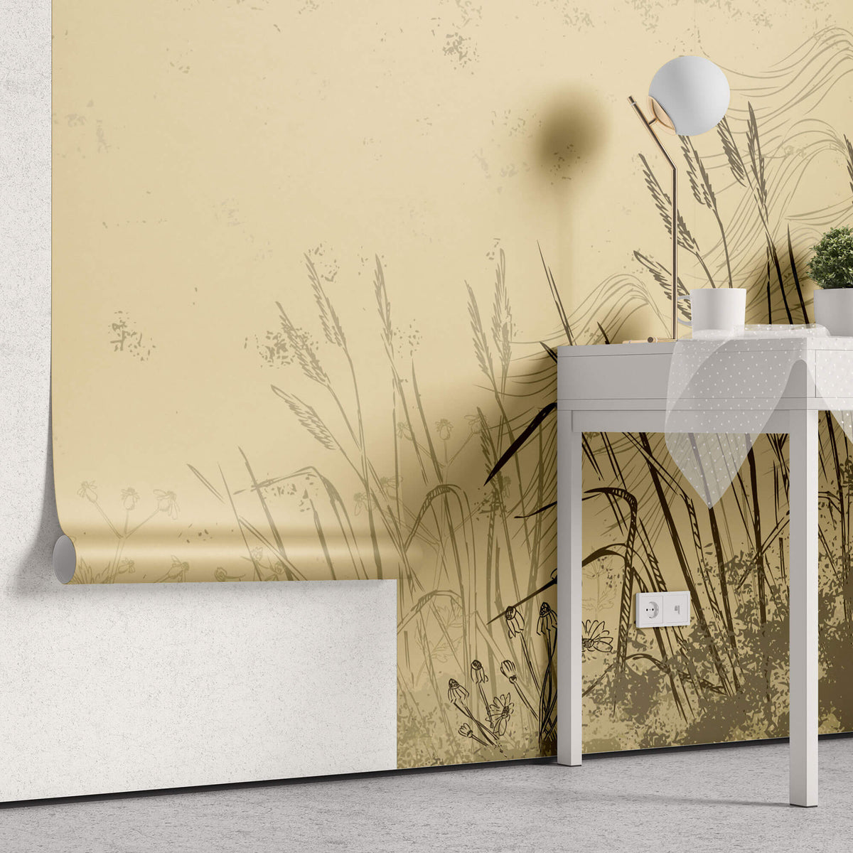 Tapet Personalizat Leaf cu frunze si plante de camp abstracte in nuante de bej si crem 1 - SKETCHY REEDS