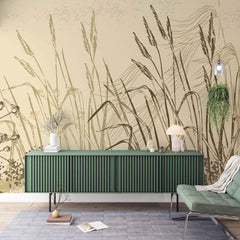 Tapet Personalizat Leaf cu frunze si plante de camp abstracte in nuante de bej si crem 2 - LANDSCAPE REEDS