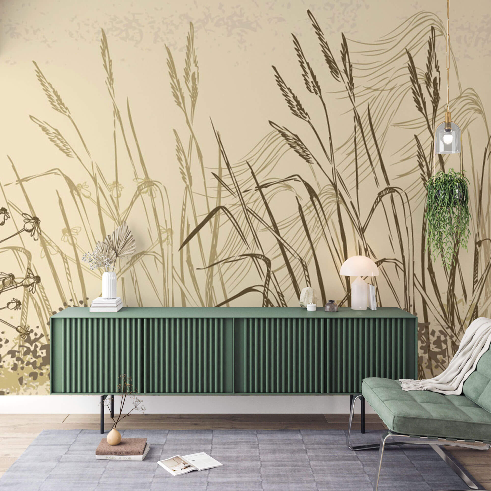 Tapet Personalizat Leaf cu frunze si plante de camp abstracte in nuante de bej si crem 2 - LANDSCAPE REEDS