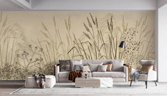 Tapet Personalizat Leaf cu frunze si plante de camp abstracte in nuante de bej si crem 2 - LANDSCAPE REEDS