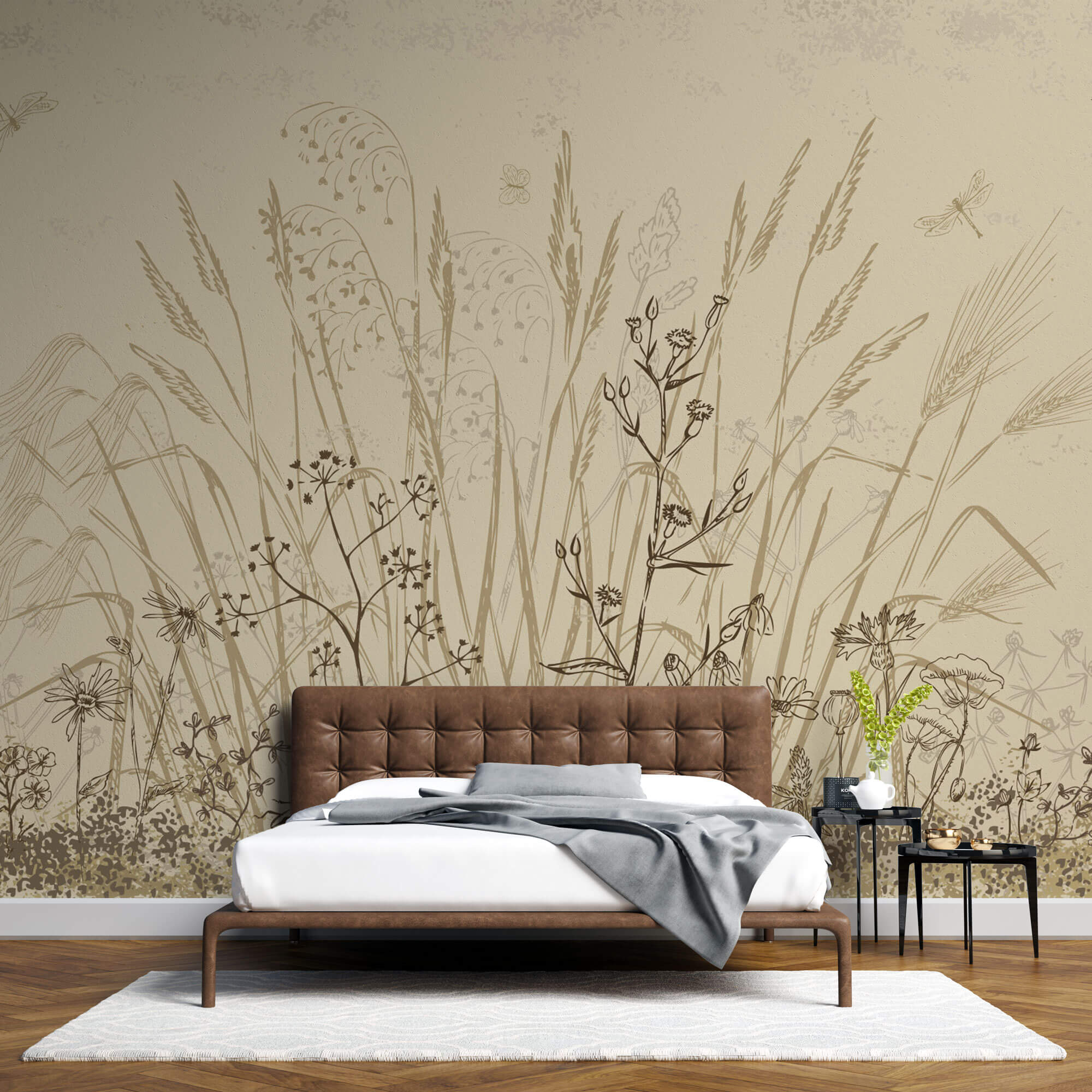 Tapet Personalizat Leaf cu frunze si plante de camp abstracte in nuante de bej si crem 3 - BEIGE FLORAL SKETCH