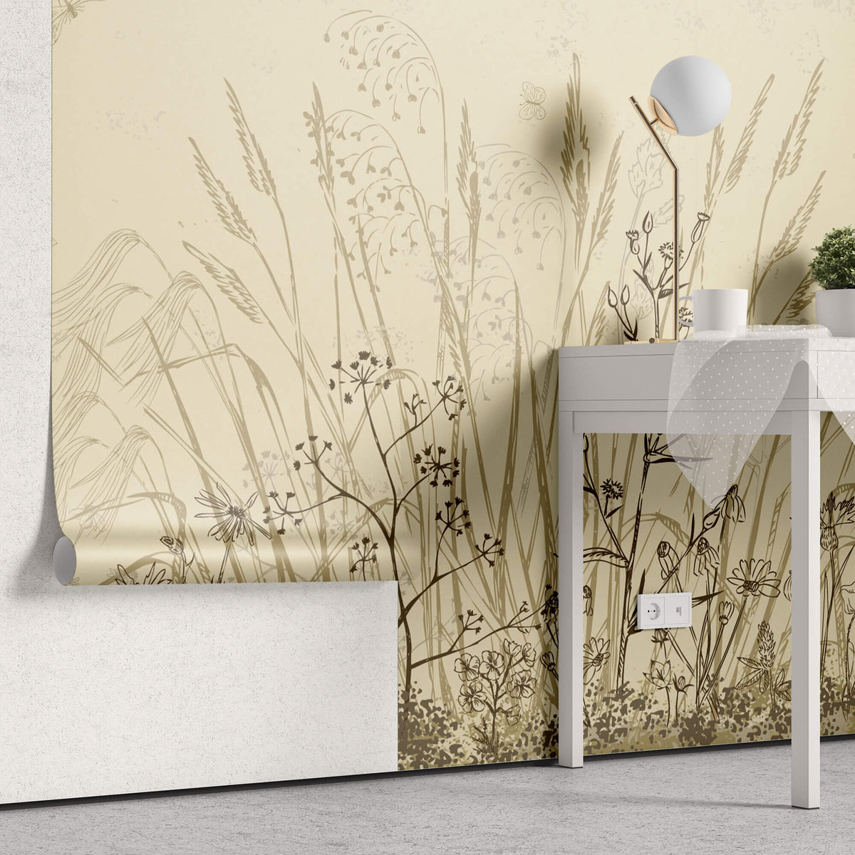 Tapet Personalizat Leaf cu frunze si plante de camp abstracte in nuante de bej si crem 3 - BEIGE FLORAL SKETCH