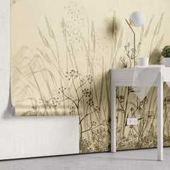 Tapet Personalizat Leaf cu frunze si plante de camp abstracte in nuante de bej si crem 3 - BEIGE FLORAL SKETCH