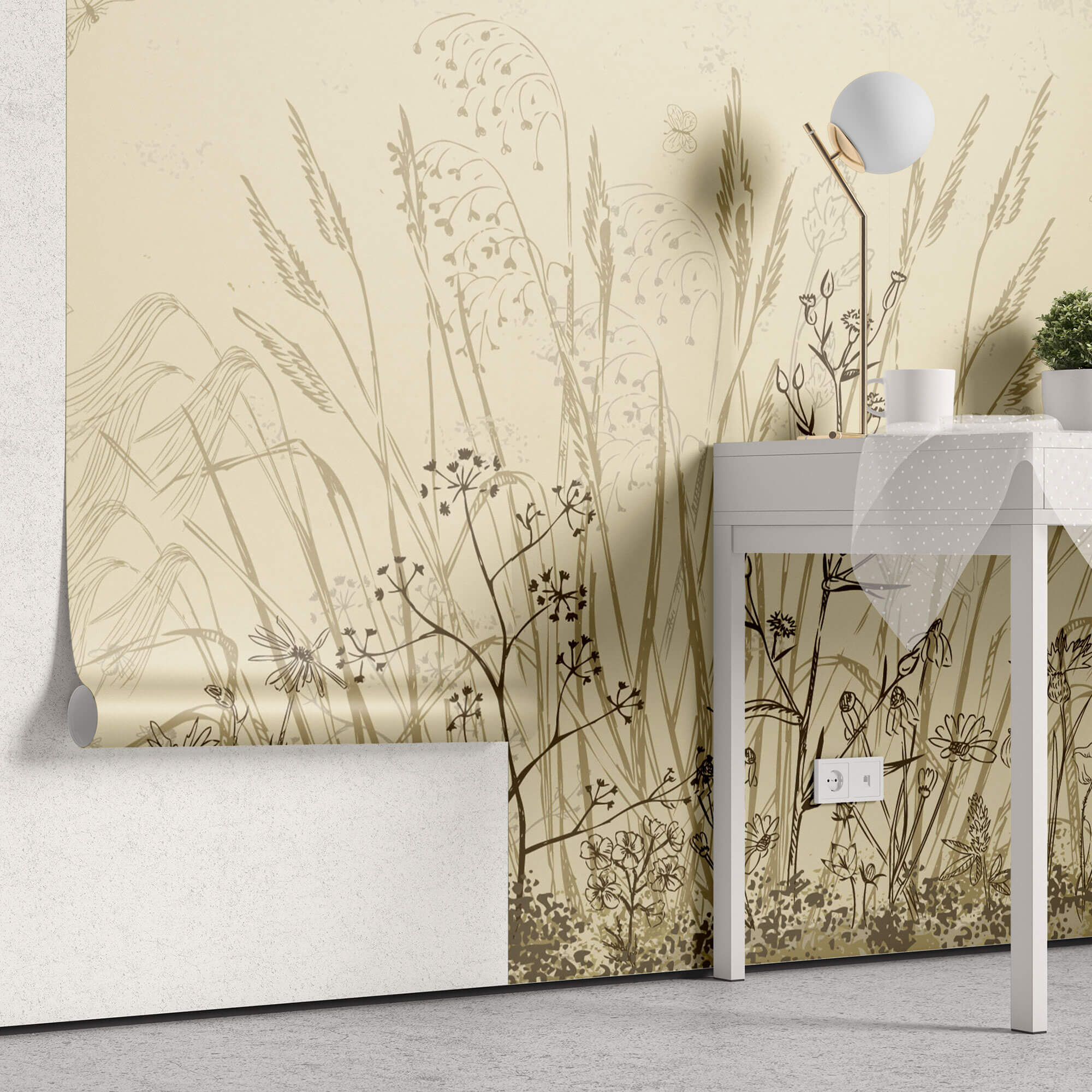 Tapet Personalizat Leaf cu frunze si plante de camp abstracte in nuante de bej si crem 3 - BEIGE FLORAL SKETCH