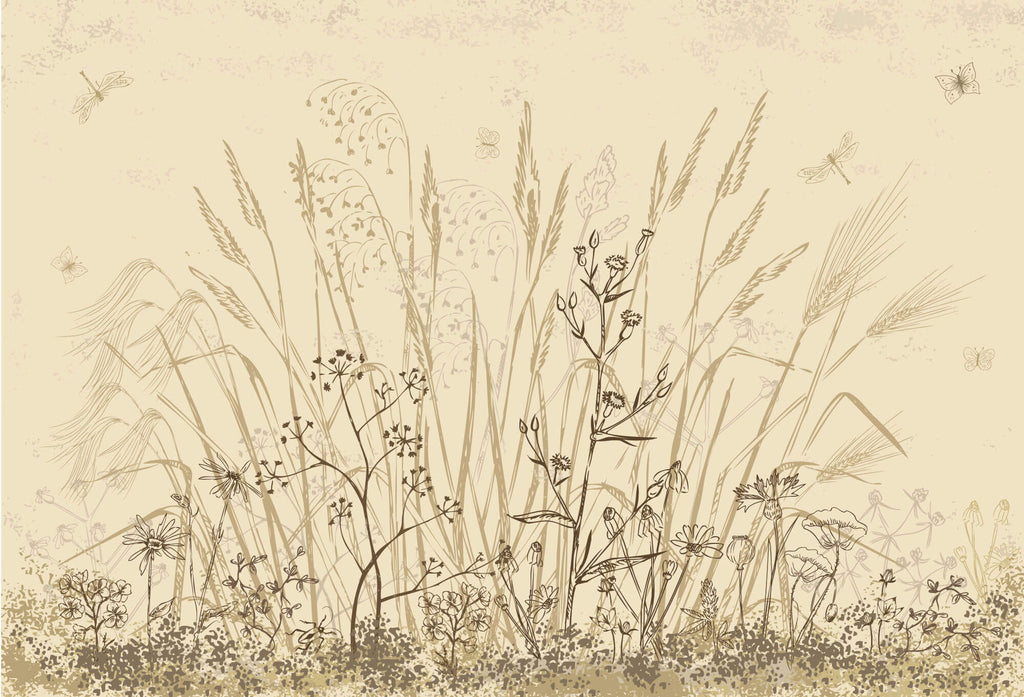 Tapet Personalizat Leaf cu frunze si plante de camp abstracte in nuante de bej si crem 3 - BEIGE FLORAL SKETCH