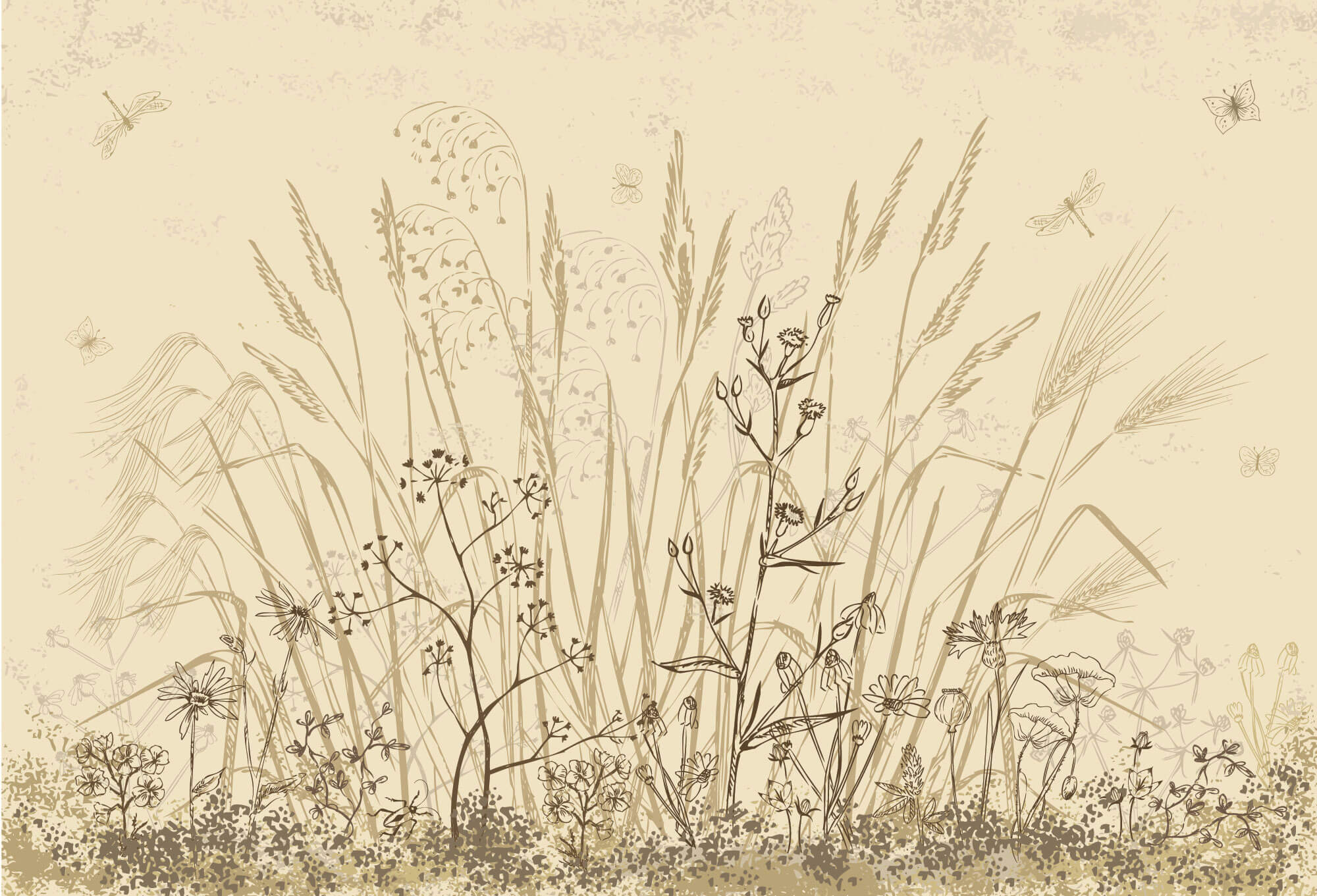 Tapet Personalizat Leaf cu frunze si plante de camp abstracte in nuante de bej si crem 3 - BEIGE FLORAL SKETCH