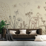 Tapet Personalizat Leaf cu frunze si plante de camp abstracte in nuante de bej si crem 4 - FLORAL SKETCH LANDSCAPE