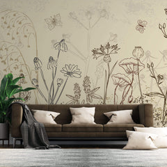 Tapet Personalizat Leaf cu frunze si plante de camp abstracte in nuante de bej si crem 4 - FLORAL SKETCH LANDSCAPE