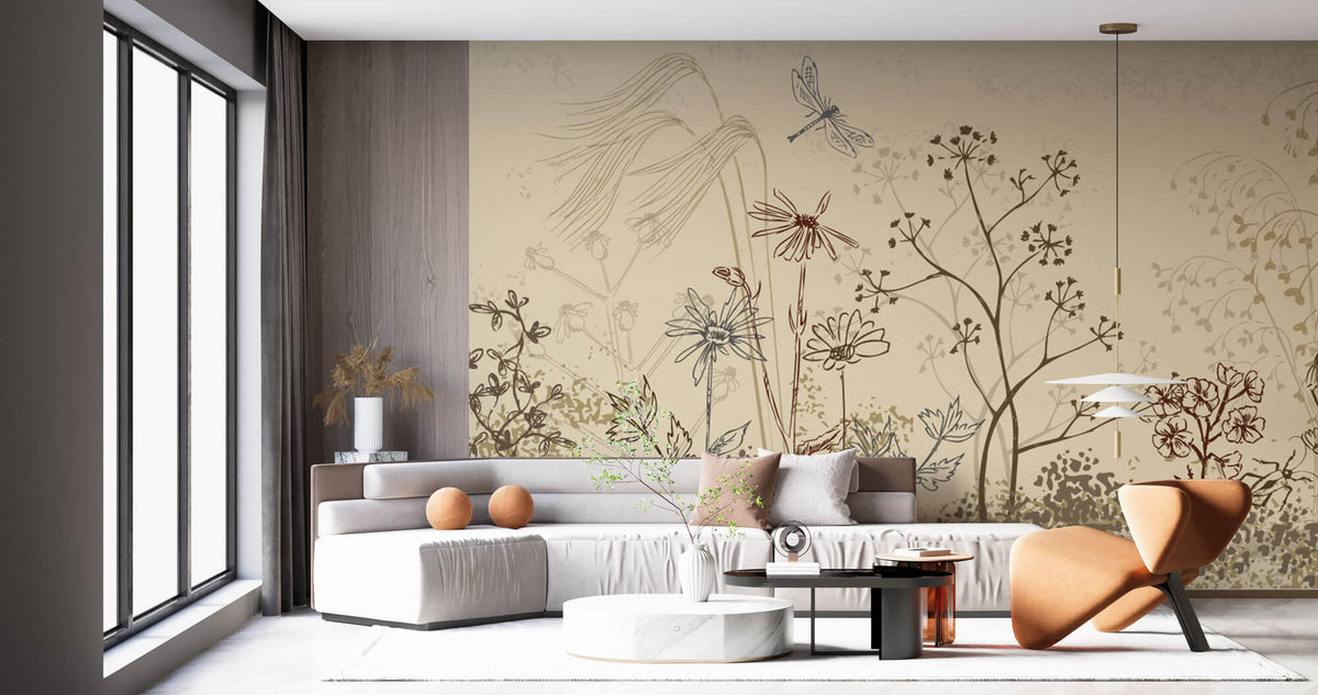 Tapet Personalizat Leaf cu frunze si plante de camp abstracte in nuante de bej si crem 4 - FLORAL SKETCH LANDSCAPE