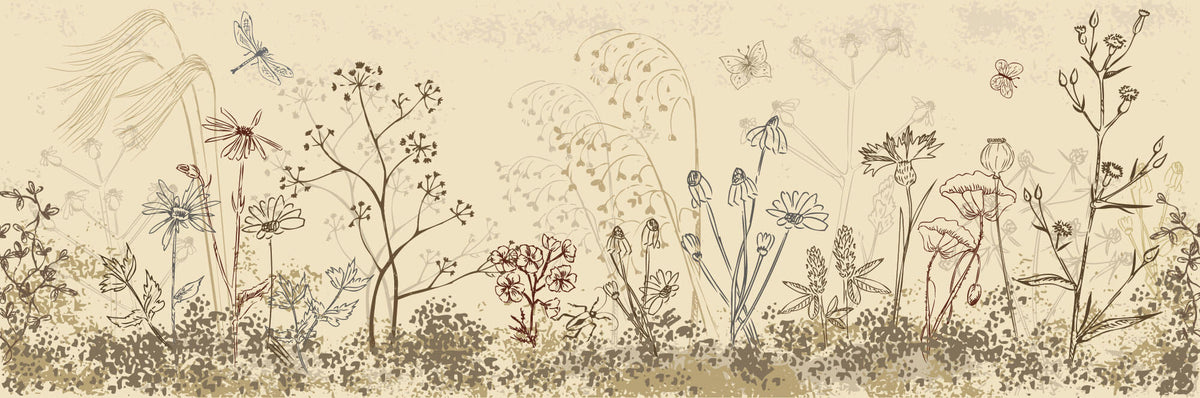 Tapet Personalizat Leaf cu frunze si plante de camp abstracte in nuante de bej si crem 4 - FLORAL SKETCH LANDSCAPE