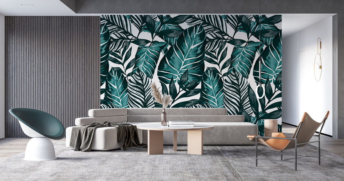 Tapet Personalizat Leaf cu ilustratie de frunze in nuante verde marin - GRAPHIC ART LEAVES CYAN
