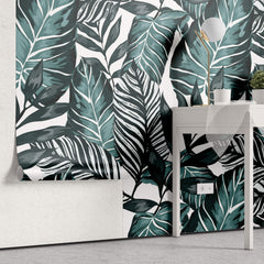 Tapet Personalizat Leaf cu ilustratie de frunze in nuante verde marin - GRAPHIC ART LEAVES CYAN