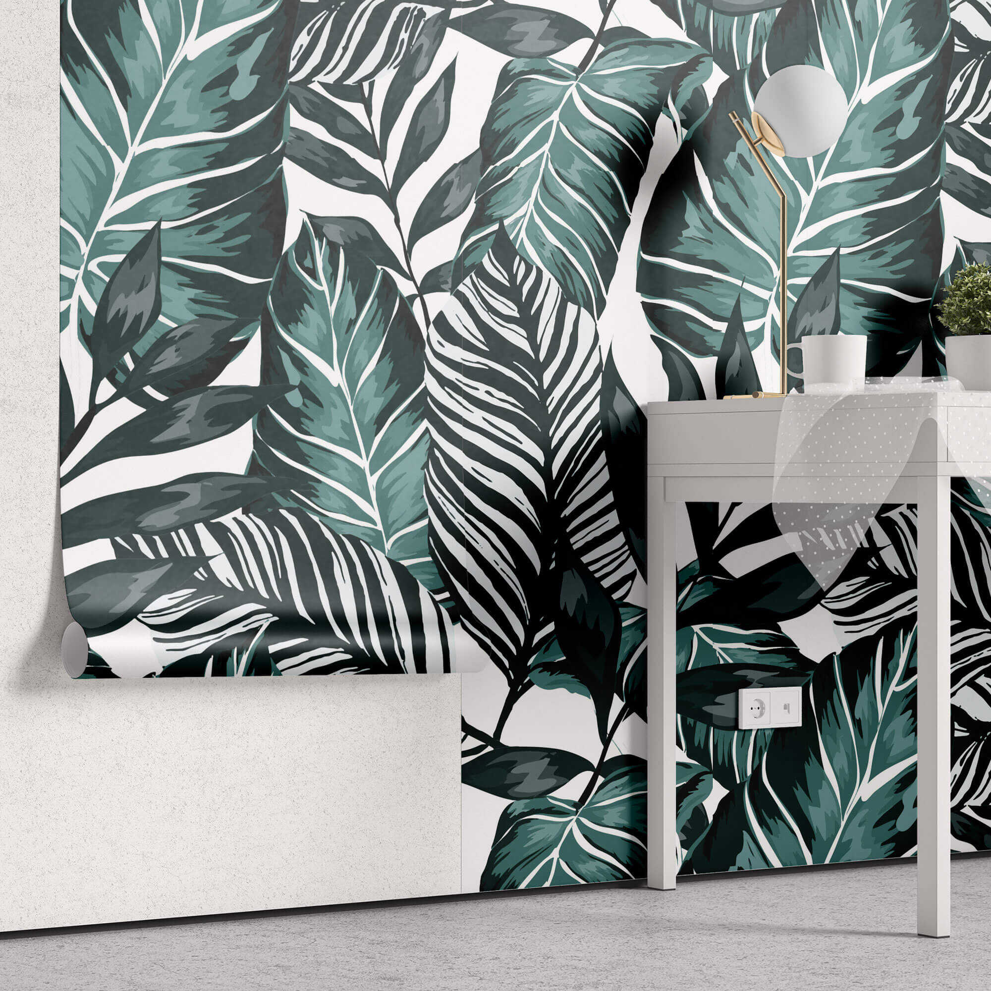 Tapet Personalizat Leaf cu ilustratie de frunze in nuante verde marin - GRAPHIC ART LEAVES CYAN