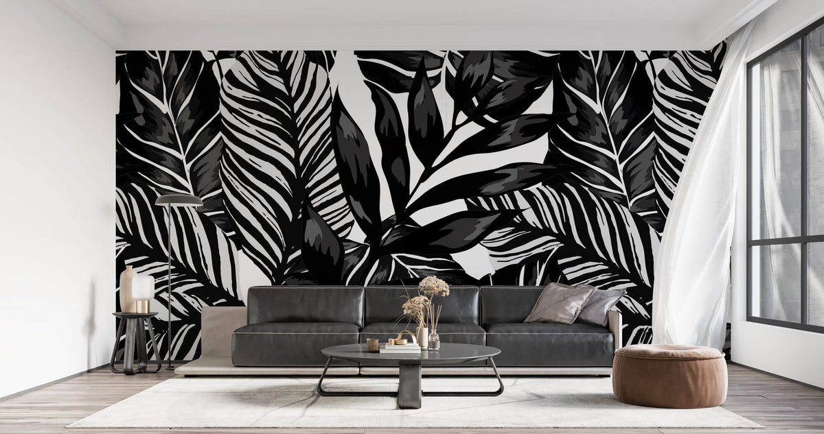 Tapet Personalizat Leaf cu ilustratie de frunze negre - GRAPHIC ART LEAVES BLACK