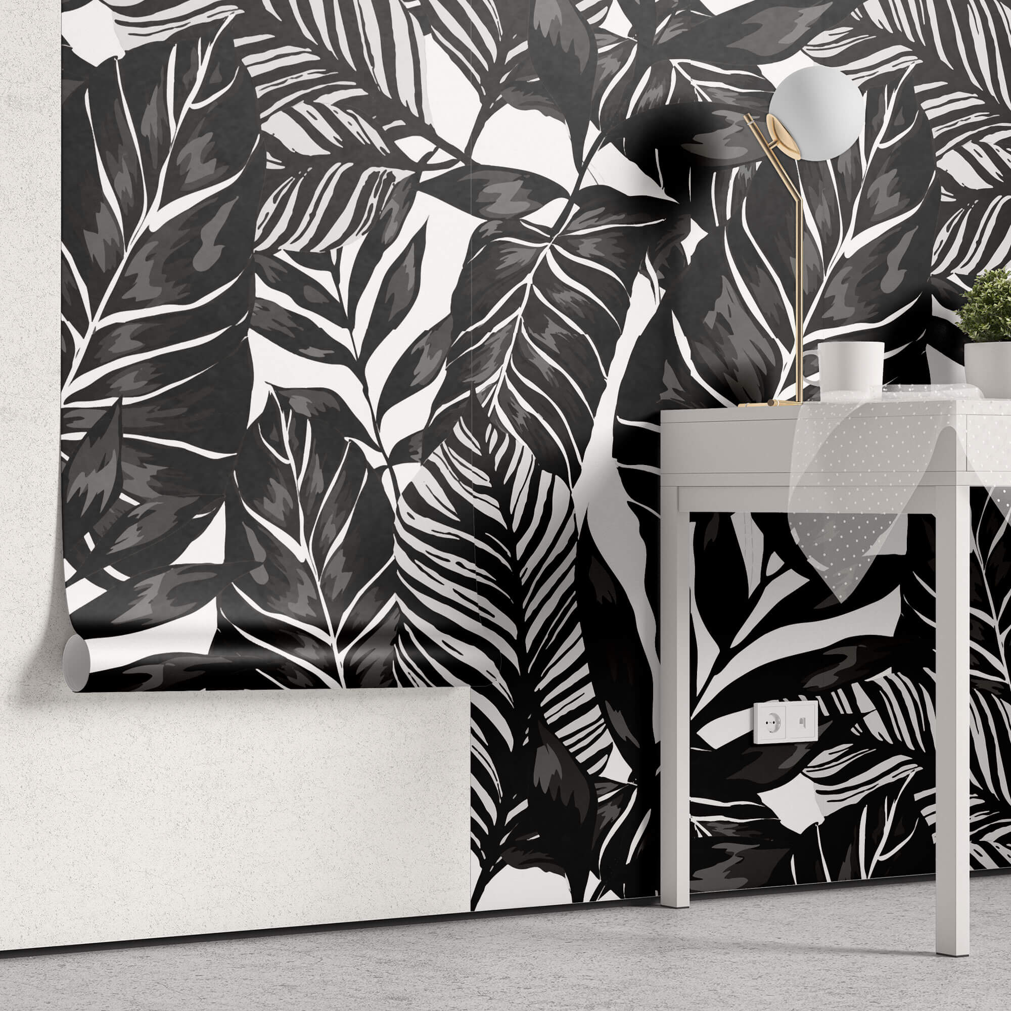 Tapet Personalizat Leaf cu ilustratie de frunze negre - GRAPHIC ART LEAVES BLACK