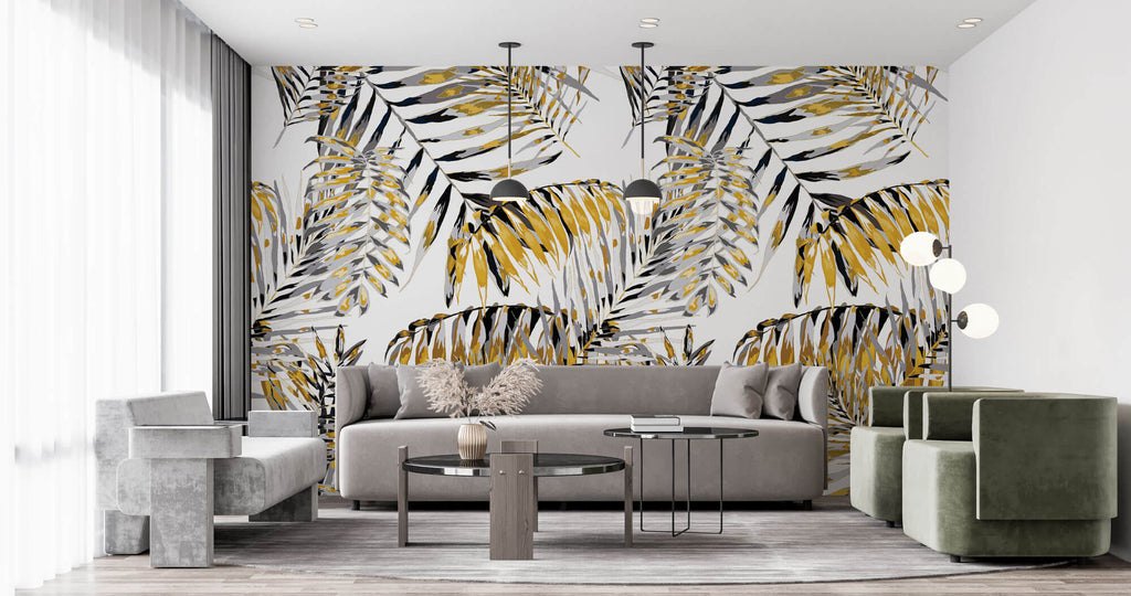 Tapet Personalizat Leaf cu frunze de palmier galbene cu gri - FUNKY YELLOW