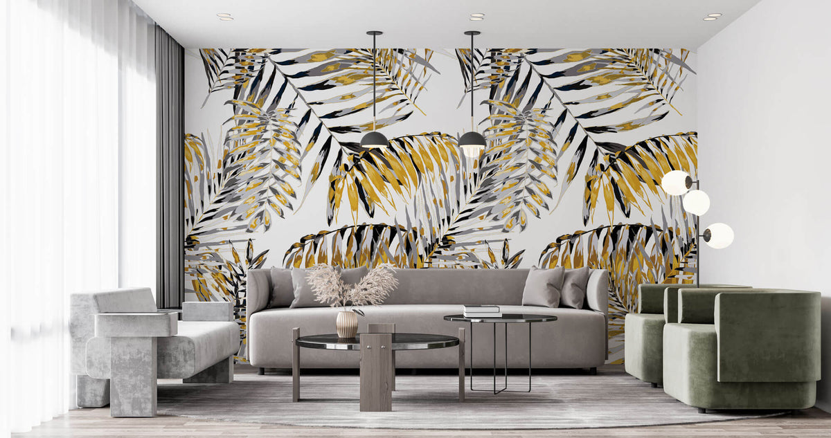 Tapet Personalizat Leaf cu frunze de palmier galbene cu gri - FUNKY YELLOW