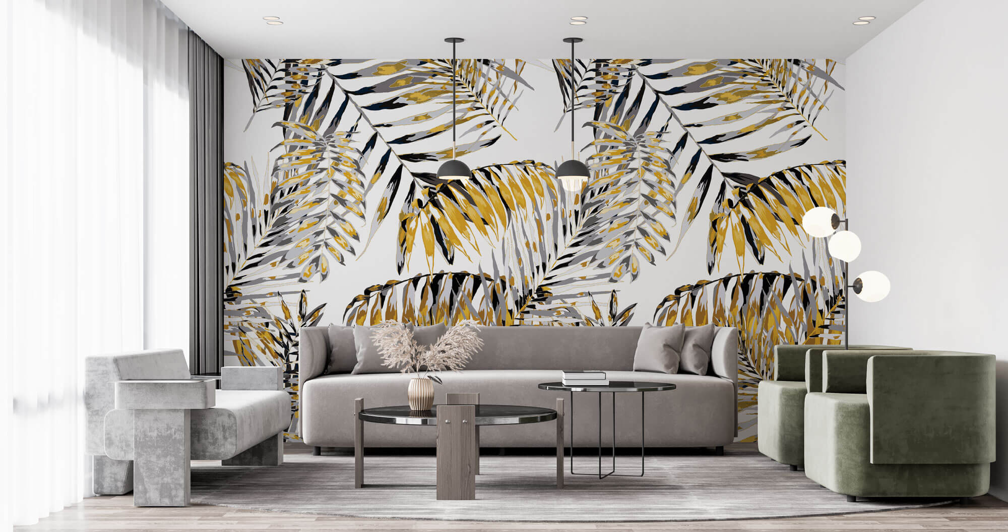 Tapet Personalizat Leaf cu frunze de palmier galbene cu gri - FUNKY YELLOW